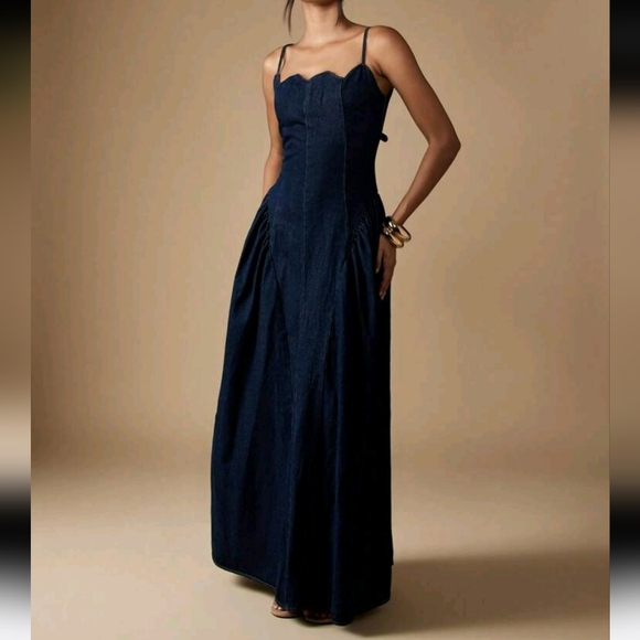 Strapless Maxi Denim Dress Sweetheart Neckline Fit And Flare Elegant - Picture 1 of 4